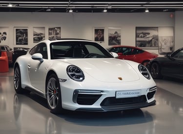 A luxury vehicle in a showroom setting, with a prominent front grille and sleek design. The environment is well-lit, showcasing multiple high-end cars on display.
