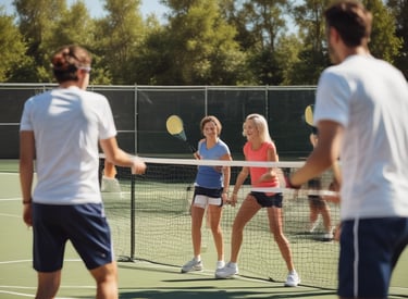 People are playing table tennis in an open area, surrounded by tall trees. There is a large rock formation in the foreground, and several individuals can be seen holding paddles and watching the game.