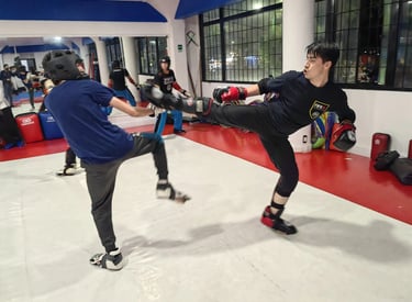 Sensei David practicando point fighting en narvarete en sharks academy