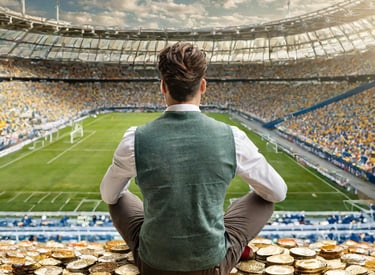 uomo seduto sopra tante monete dentro un campo da calcio