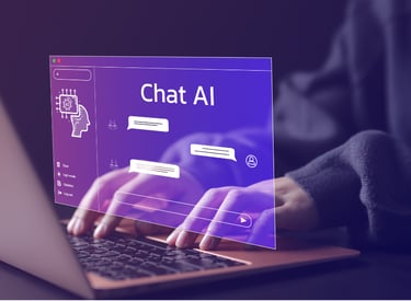 A close-up of hands on a laptop keyboard. A purple screen floating above it says "Chat AI"