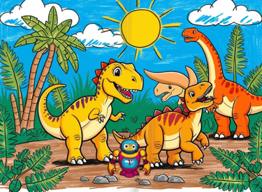 Dibujos animados de dinosaurios para niños en una jungla prehistórica, con dinosaurios sonrientes