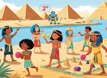 Niños egipcios jugando junto al río Nilo frente a las pirámides de Egipto, vestidos con trajes 