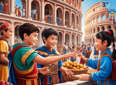 Niños vestidos con túnicas romanas comprando fruta en un mercado de la antigua Roma, con el Coliseo 