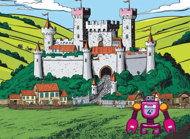 Castillo medieval rodeado de casas rurales y colinas verdes, con un robot rosa y morado