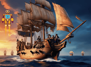 Barco pirata navegando por el océano al atardecer con tripulación a bordo y velas desplegas.