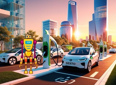 Robot amarillo y rosa junto a coches eléctricos cargando en estaciones de recarga en una ciudad