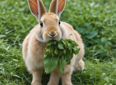 A black and white rabbit is eating a piece of leafy green vegetable, with a dish of similar greens in front. The rabbit is on a flat surface with a soft focus background.
