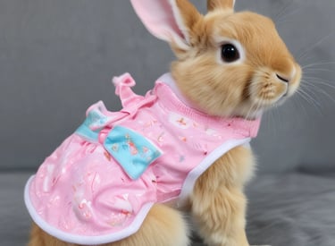 A fluffy brown rabbit is resting on a blue carpet inside a cage. The cage has a black metal frame, and there are toys and a light blue polka dot dish nearby. The setting appears cozy, with soft bedding and muted lighting.