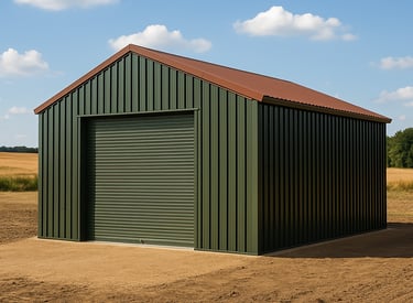 Nave de aperos agrícola de 5 metros de altura con cubierta a dos aguas y cerramiento metálico, ideal