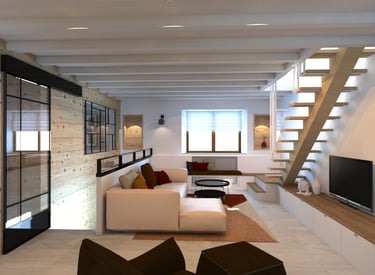 Visuel présentant la rénovation d'un salon avec verrière et escalier sur mesure