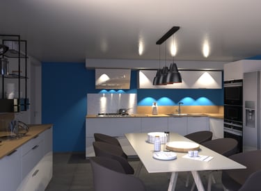 Cuisine dinatoire conviviale blanche et bois 
