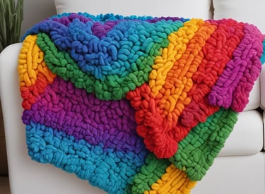 An assortment of cozy, colorful chunky knit blankets displayed on a stylish couch.