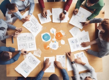 A close-up of a diverse team brainstorming ideas on a whiteboard in a bright workspace.