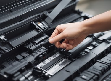 An image depicting a technician assisting a customer with a printer.