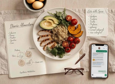 Flat lay con piatto di cibo e smartphone su un tavolo