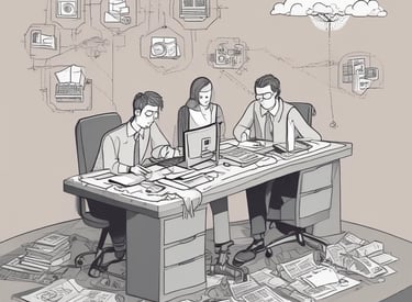 A group of professionals collaborating over a laptop in a modern office environment.