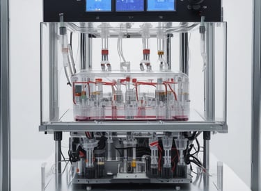 Laboratory equipment with samples organized on a workbench.