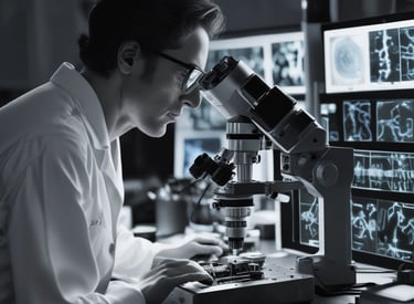 A researcher examining samples under a microscope in a lab.
