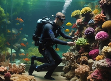 An aquarium setup with plants and decorations.