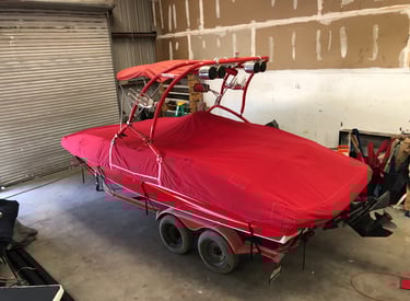 Tie down boat cover for ski tower.