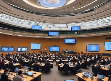 A diverse group of people discussing AI ethics at a conference.