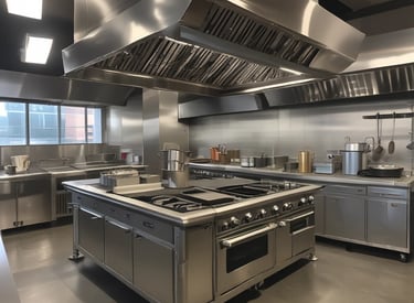 A professional cleaner sanitizing a commercial kitchen with eco-friendly equipment.
