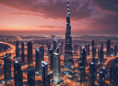 A cityscape featuring modern high-rise buildings beneath a dramatic, cloudy sky. The skyline includes a prominent skyscraper with the label 'DAMAC' alongside other tall structures. Palm trees line the waterfront, and a bridge crosses over a body of water in the foreground.