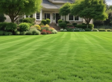 A lush garden scene with tall green trees and a well-maintained lawn. Dandelions are visible scattered throughout the grass. In the background, a wooden fence and leafy shrubs enhance the natural setting. A white sheet or bag is placed on the ground next to a pile of twigs or branches.