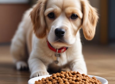 Two packages of pet milk substitute products are displayed, one for cats featuring a kitten, and one for dogs featuring a puppy. The packages are vibrant, with the cat product being blue and the dog product being blue and orange. A green plant leaf is partially visible on the left side of the image, with a soft beige background.