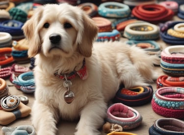A pet store window display featuring various pet products such as scratching posts, pet food, and toys. The signage above the window has a playful design with colorful letters and a cat face within a letter. There is a poster on the door advertising a promotion. The weather appears overcast with some reflections on the wet pavement.
