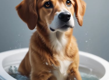 An assortment of pet toys and accessories arranged on a white background. Items include a rope chew toy, a blue feeding bowl filled with kibble, an orange football-shaped toy, a green spiky toy, a small rubber ball, a pair of grooming tools, and a colorful rubber knot ball.