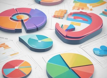A 3D illustration featuring a variety of shopping and business-related elements. A blue shopping basket is at the center, with a red percentage symbol inside. Nearby, there's a brown paper shopping bag, a pie chart with a target icon, and a light bulb. In the background, there's a bar graph and a megaphone.
