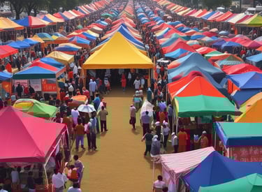 A series of large tents are set up on a dirt path with trees visible in the background. The sky is vividly colored with hues of orange and pink, suggesting either a sunset or sunrise. The tents are white and appear to be made of canvas. There are wires and poles indicating support structures, and shadows are cast due to the low light condition.