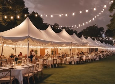 A group of tents set up on a field at night with one brightly illuminated from within. The tents are of various colors, including red, beige, and orange, and are pitched on a dark, expansive ground under a black sky.