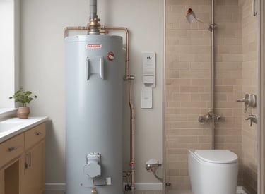 An intricate network of blue pipes and valves is mounted against a tiled wall. Numerous pressure gauges are attached at intervals, providing a detailed and complex arrangement. Each pipe is carefully connected, and there are various fittings and connections visible.