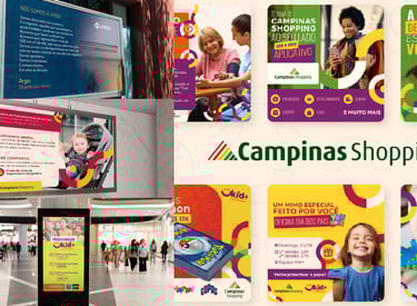 Materiais gráficos do Campinas Shopping voltados ao público infantil e familiar