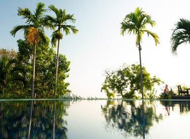 Peaceful infinity pool surrounded by tropical trees at a wellness retreat in Bali
