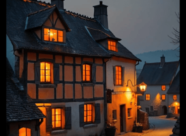 Cozy, mountain town at dinner time in winter. A welcoming place.