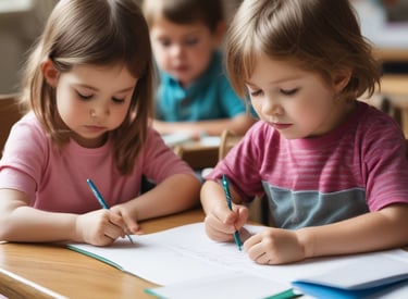 a young girl sitting at a table with a pencil and pencil