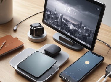 On a wooden table, there is an open laptop, a smartphone displaying an app interface, a pink wearable device, and a metallic cylindrical object, possibly a cosmetic tube.