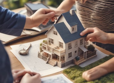 A cityscape with a real estate sign in the foreground, prominently displaying the name and phone number. Surrounding the sign are various buildings with different architectural styles, some with scaffolding and green netting. The scene features a mix of older, worn structures alongside modern glass-fronted buildings. Power lines and construction materials add to the urban complexity.