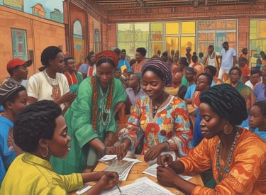 A framed poster with an artistic depiction of a coffee maker, featuring bold colors. The text reads 'COFFEE IS AN IMMIGRANT'. Below the poster, there are several coffee bags displayed on a shelf, each with a vibrant orange label.