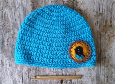 a crochet hat with a crochet hook and a felt applique with crochet edging