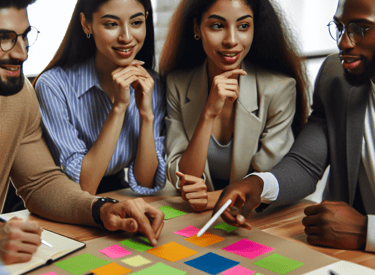 A group of people sitting around a table engaged in a discussion, with colorful sticky notes spread 