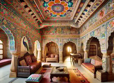 a beautiful wall art on ceiling and wall in living room with a couch and a couch