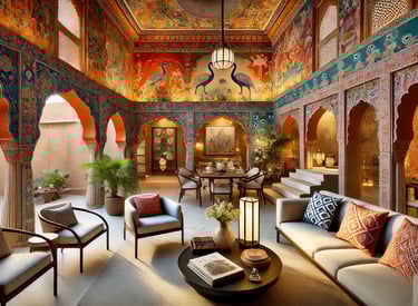 a living room with a couch and chairs having beautiful wall art