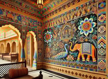 a room with a wall mural of a painting of elephants