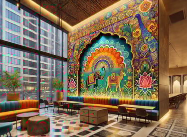 a office wall having mural of a peacock feather in a lobby