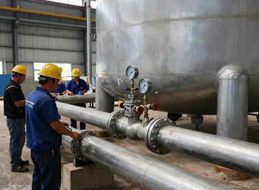 A construction site with several workers and machinery in use. The area appears to be partially covered by a steel structure with beams overhead. A large cement mixer truck and another industrial vehicle are present. Workers in helmets are scattered around the muddy construction site.